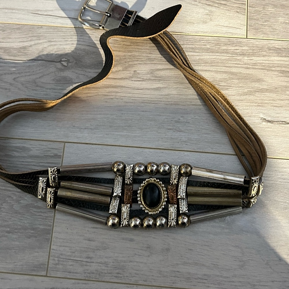 Black leather strip belt with metal details